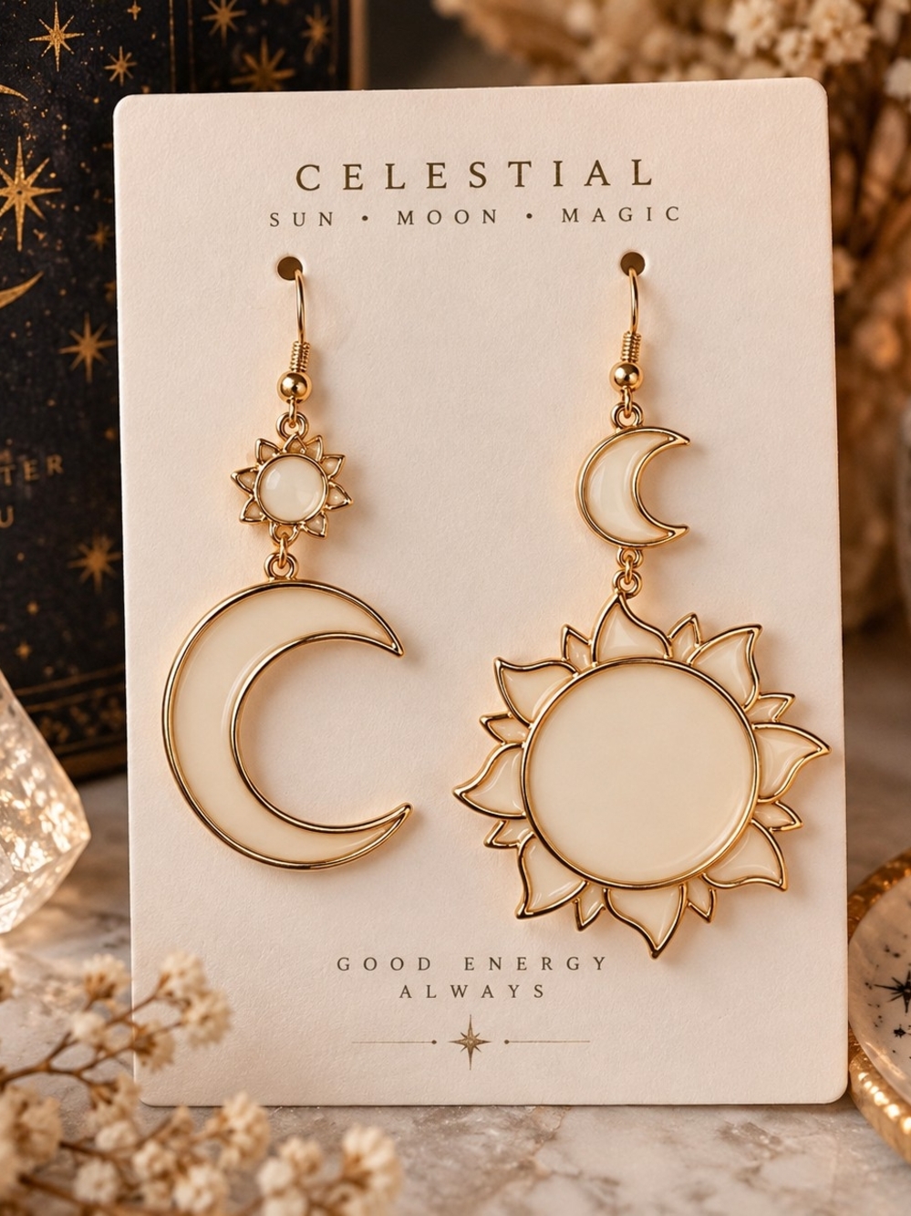 Celestial Sun & Moon Mismatched Gold Tone Metal Dangle Drop Earrings New